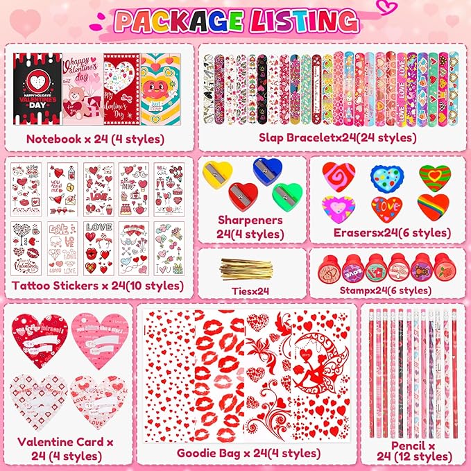 Valentine's Day Gifts for Kids, 240Pcs Classroom Exchange Stationery Set with Card,Pencil, Sharpener, Eraser, Notebook,Slap Bracelet, Stamp,Tattoo Sticker, Goodie Bag Stuffers for School Party Favors