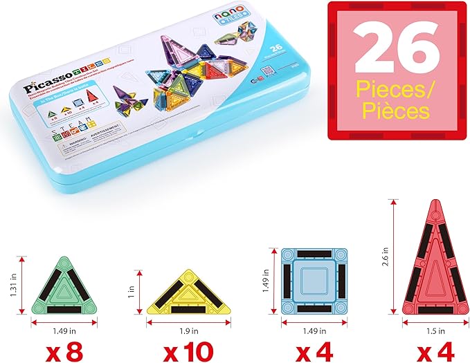 PicassoTiles Nano Tiles Magnetic Building Construction Set with Tin Storage Case Compact Colorful Mini Travel Magnet Tile Playset STEM Educational Learning Classroom Toy Blocks Kids Ages 3+ PN11