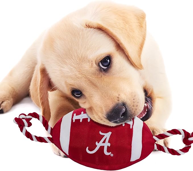 Pets First NCAA Alabama Crimson Tide Football Dog Toy, Tough Quality Nylon Materials, Strong Pull Ropes, Inner Squeaker, Collegiate Team Color