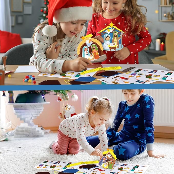 ReliThick 30 Sets Nativity Scene Craft Kit for Kids Nativity Crafts Stick Ornament Religious Crafts Kit Christian Christmas Tree Ornament Crafts with Rope for Kids Classroom Party Favors Supplies
