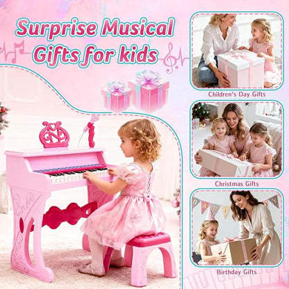 deAO Kids Piano Keyboard Toys for Girls, 37 Keys Toddler Pianos Toy with Stool and Microphone, Christmas Birthday Gift for Kids 3+ Years Old
