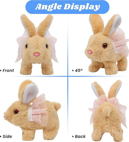 Hopearl Hopping Rabbit with Dress Interactive Electronic Pet Plush Bunny Toy with Sounds and Movements Animated Walking Wiggle Ears Twitch Nose Gifts for Toddlers Birthday, Brown, 7''