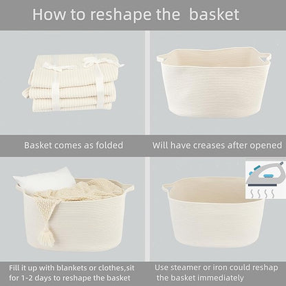 XUANGUO Large Rectangle Blankets Basket Living Room 22"x17"x12" Woven Cotton Rope Storage Baskets for Nursery Toy Baskets for Kids and Dogs Wicker Laundry Basket Bin for Clothes Towels white