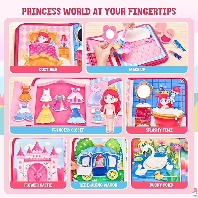 JoyCat Travel Toys for Toddlers 1-3, Princess Busy Book – Busy Book for 1 Year Old, Dress-Up, Unicorn & Castle Play –Quiet Toy Fine Motor Skills, Easter Basket Stuffers Gifts for Kids Girl