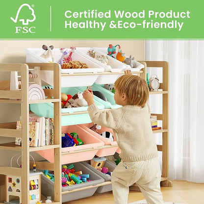 EXPERLAM Extra Large Toy Storage - Toy Storage Organizer, Wooden Toy Organizer with 6 Side Shelves and 12 Bins, 3-in-1 Bookshelf for Kids Rooms, Playroom, Nursery, Multi Color