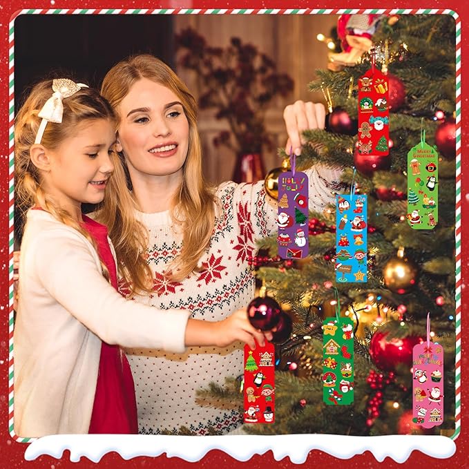 JUNEBRUSHS 30 Sets Christmas Craft Kits, DIY Christmas Bookmarks Craft with Assorted Snowman Santa Gingerbread Stickers Christmas Ornament Crafts Classroom Activities Party Favors