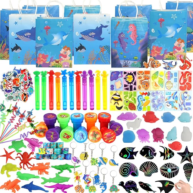 180PCS Under the Sea Party Favors Ocean Theme Party Supplies for Kids – Goodie Bags, Bracelets, Keychains, Stickers, Stamps, Straws, & Toys for Birthday Party Gifts & Classroom Rewards