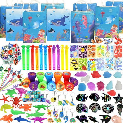 180PCS Under the Sea Party Favors Ocean Theme Party Supplies for Kids – Goodie Bags, Bracelets, Keychains, Stickers, Stamps, Straws, & Toys for Birthday Party Gifts & Classroom Rewards