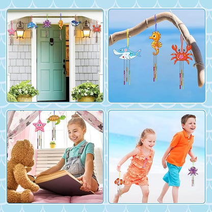 Fennoral 9 Pack Wind Chime Kit for Kids Make Your Own Ocean Animals Wind Chime Wooden Arts and Crafts for Girls Boys Ornaments DIY Coloring Sea Animals Craft for Art Activity Summer Party Decoration