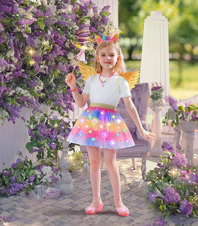 Jeowoqao Girls Dress Up with LED Light, Princess Dress Pretend Play Costumes, Toddler Girls Dress up Set Tutu Skirts, Wings, Princess Shoes Toys Gift for Girls 3 4 5 6 Years