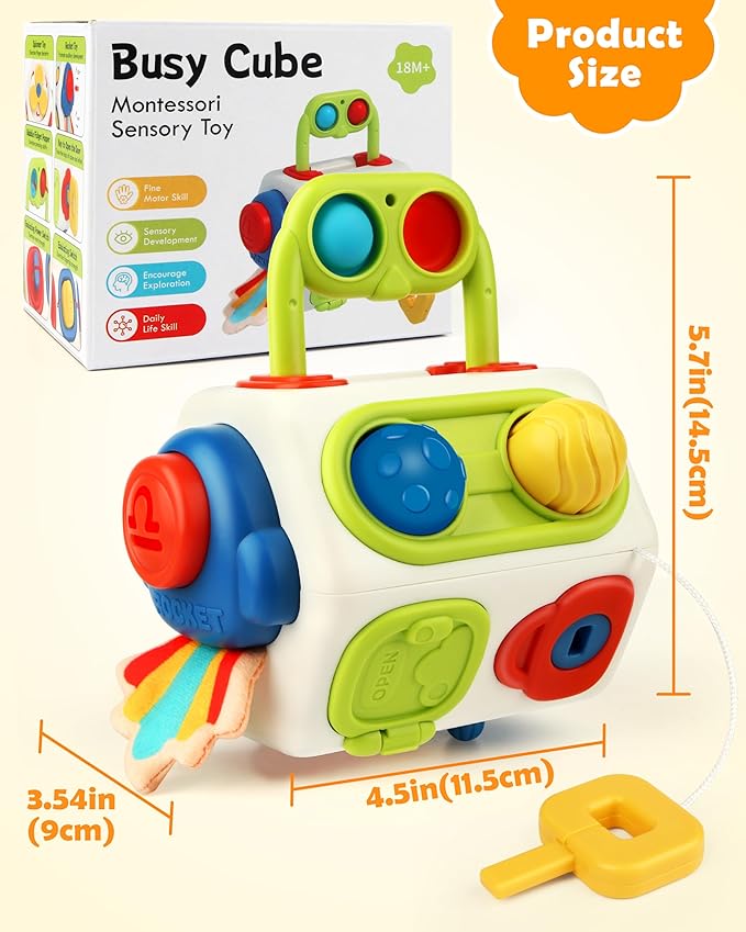 Vanmor 10-in-1 Busy Cube for 18+ Months Toddlers - 8-Sided Montessori Sensory Activity Cube with Fine Motor Skills Learning, Travel Fidget Toys for Airplane Car Seat, Gift for Boys Girls