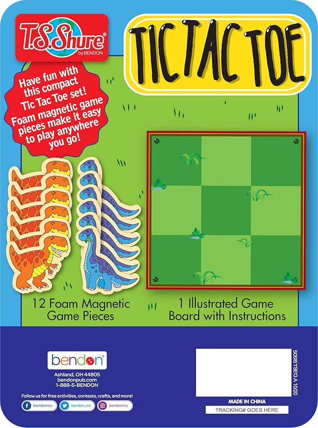 Bendon TS Shure Dinosaur Tic-Tac-Toe Games Mini Magnetic Activity Tin with Illustrated Foam Magnets 50515