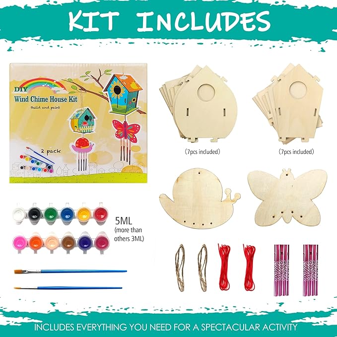 Arts and Crafts for Kids Ages 4-8 8-12, 2 Pack DIY Bird House Wind Chime Kids Crafts, Craft Kits for Girls Boys Toddlers 4-6 6-8, Painting Kits Includes Paints & Brushes