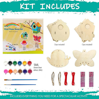 Arts and Crafts for Kids Ages 4-8 8-12, 2 Pack DIY Bird House Wind Chime Kids Crafts, Craft Kits for Girls Boys Toddlers 4-6 6-8, Painting Kits Includes Paints & Brushes