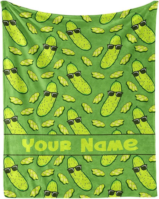 Custom Pickle Blanket with Name for Boys Girls, Personalized Cute Pickle Themed Design Printed Throw Blankets for Kids Lap, Chair Sofa, Giftable Blanket, 40"x 50"