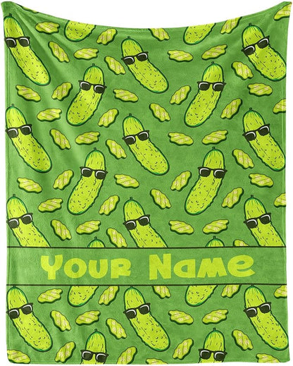 Custom Pickle Blanket with Name for Boys Girls, Personalized Cute Pickle Themed Design Printed Throw Blankets for Kids Lap, Chair, Giftable Blanket, 30"x 40"