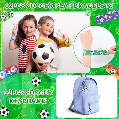 140 Pcs Soccer Party Favors Set Soccer Sticker Slap Bracelet Keychain Soccer Tattoos Soccer Fidget Toy Whistle Soccer Treat Bags with Sealing Stickers for Teens Adults Soccer Themed Party Supplies