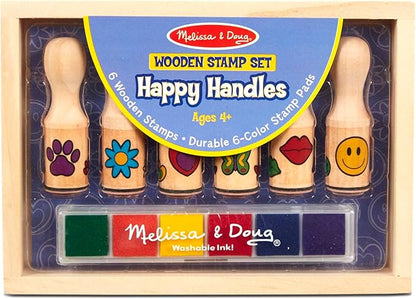 Melissa & Doug Happy Handles Wooden Stamp Set: 6 Stamps and 6-Color Stamp Pad With Washable Ink, Easy To Hold Stampers For Kids Ages 4+