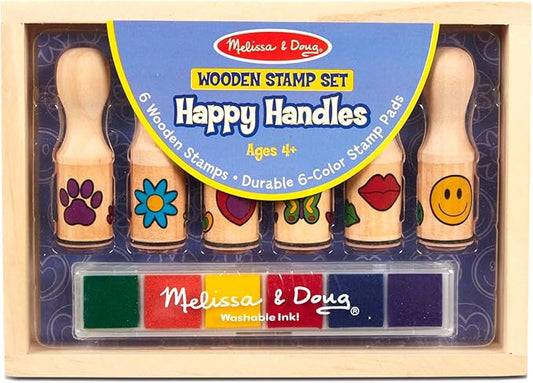 Melissa & Doug Happy Handles Wooden Stamp Set: 6 Stamps and 6-Color Stamp Pad With Washable Ink, Easy To Hold Stampers For Kids Ages 4+