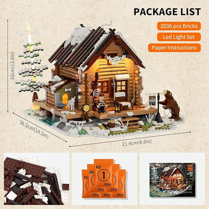 FUNWHOLE Hunting-Cabin Lighting Building-Bricks Set - Retro Wooden Cabin LED Light Construction Building Model Set 2036 Pcs for Adults and Teen