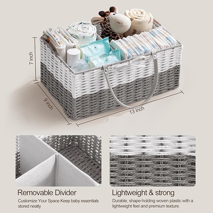 HBlife Baby Diaper Caddy Organizer, Paper Rope Storage Baskets Nursery Bin with Removable Divider, Portable Car Organizer for Diapers, Baby Shower Gifts, Newborn Essentials Must Haves
