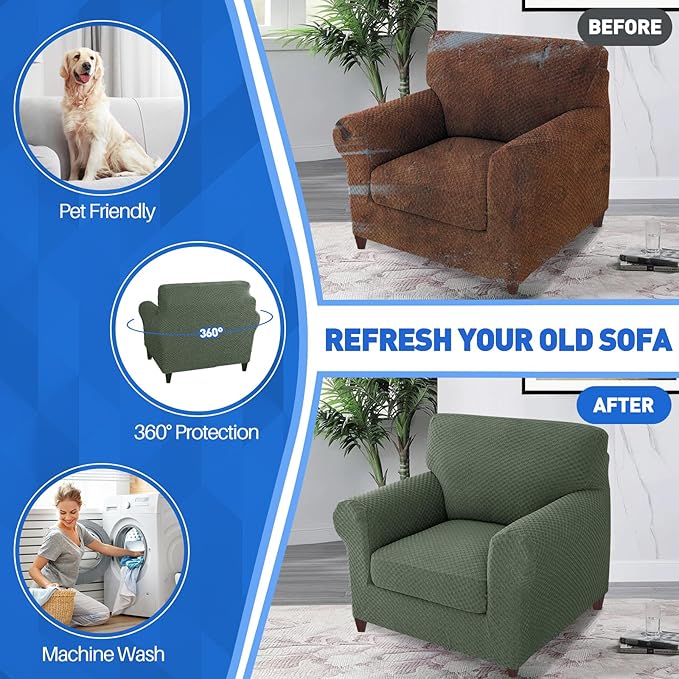 MAXIJIN 2 Piece Jacquard Chair Covers with Arms Super Stretch Non Slip Chair Slipcover for Living Room Dogs Pet Friendly Elastic Sofa Couch Protector Armchair Cover (Chair, Army Green)