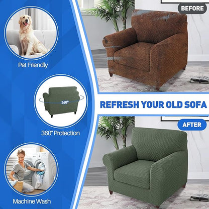 MAXIJIN 2 Piece Jacquard Chair Covers with Arms Super Stretch Non Slip Chair Slipcover for Living Room Dogs Pet Friendly Elastic Sofa Couch Protector Armchair Cover (Chair, Army Green)