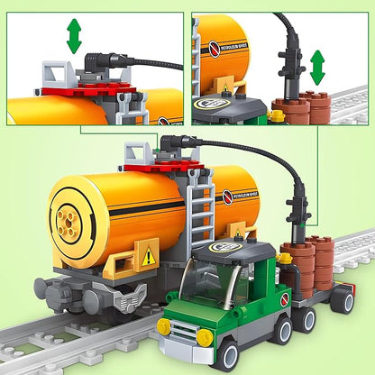 Finger Rock City Freight Train Car Building Toy Sets, Classic Tanker Car and Truck Cargo Train Model, 199 Pcs MOC Construction Toys for Train Lovers,STEM Gifts for Boys Girls 6 7 8+