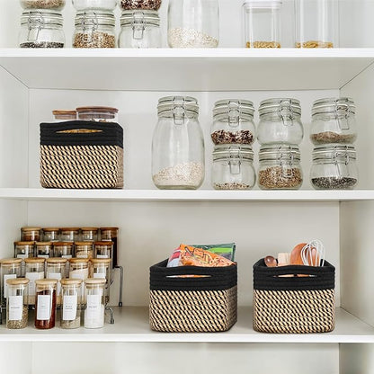 Goodpick Storage Baskets, Shelf Baskets for Organizing Dog Toy Basket Closet Organizer Bins Nursery Woven Basket for Storage Cube Decorative Box 3 Pack, Black & Jute, 13 x 8 x 5 in