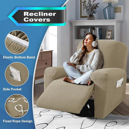 JIVINER 3 Piece Recliner Chair Cover Stretch Lazy Boy Non Slip Covers for Recliner with Pockets Soft Jacquard Reclining Sofa Slipcovers Furniture Protector with Elastic Bottom (1 Seater, Khaki)