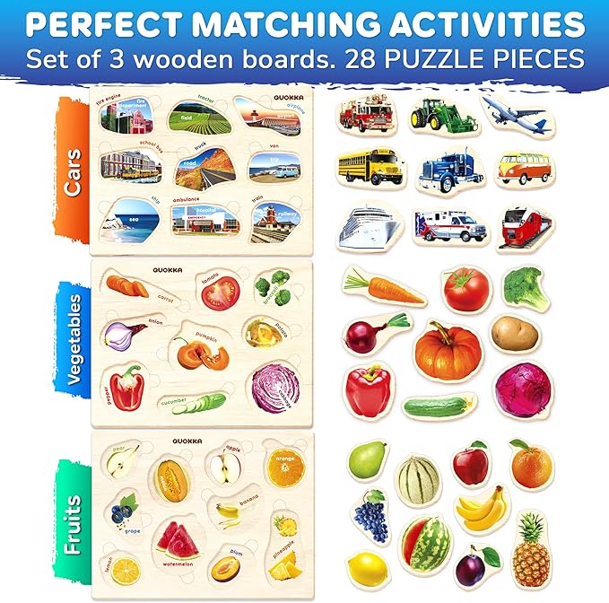 QUOKKA Wooden Puzzles for Toddlers 1-3 – 3xSET Toddler Puzzles Ages 2-4 – Montessori Cars Toy Puzzles for Toddlers 3-5 – Wood Toy Learning Realistic Fruits, Cars and Vegetables for Boy and Girl