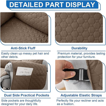 100% Waterproof Recliner Chair Covers That Stay in Place, Non-Slip Recliner Cover with 5 Pockets, Elastic Straps, Washable Reclining Chair Protector for Kids, Pets, Dogs, Khaki