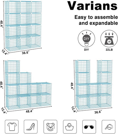 C&AHOME Wire Cube Storage, 12 - Cube Organizer Metal C Grids, Modular Shelves Units, Closet Organizer, Ideal for Home, Office, Living Room, 36.6”L x 12.4”W 48.4”H, Blue UWCS3012B
