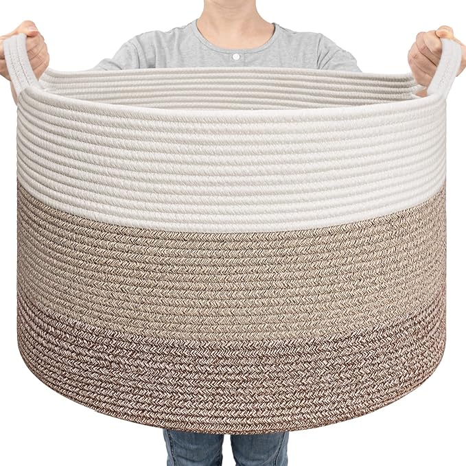 Goodpick Large Laundry Basket, Woven Rope Storage Basket for Blanket, Toy Bin for Baby Room, Nursery, Bedroom, Toys, 21.7'' x 13.8'', Light & Brown