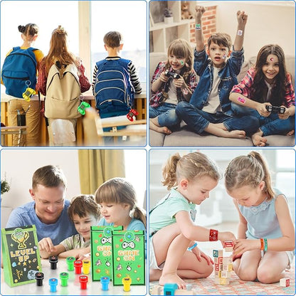 LiYiQ 122 Pcs Video Game Party Favors With Video Game Keychains Slap Bracelets Temporary Tattoos Silicone Wristband Gift Tags Stamps Stickers and Gift Bags for Gamer Birthday Party Supplies