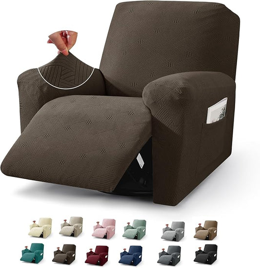 JIVINER Recliner Chair Covers, Jacquard 3 Piece Slipcovers for Recliner Chair Soft Stretch Lazy Boy 1 Seater Reclining Protector with Pockets (Recliner, Coffee)