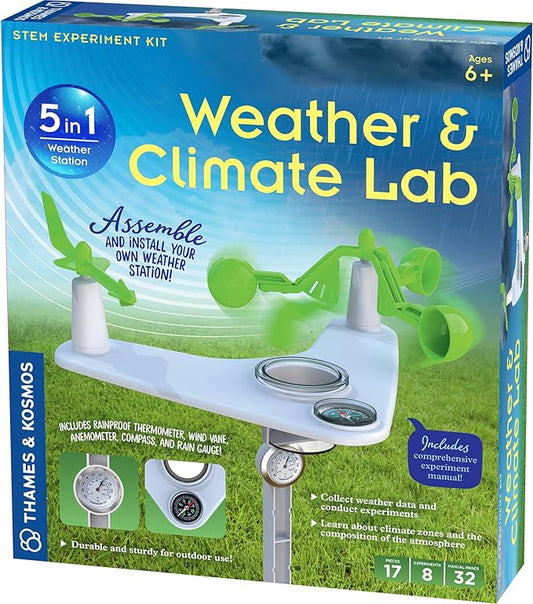 Thames & Kosmos Weather & Climate Lab STEM Experiment Kit, 5-in-1 Weather & Meteorology Station w/Wind Vane, Compass, Rain Gauge, Anemometer & Thermometer for Ages 6+, Includes Stake for Outdoor Use