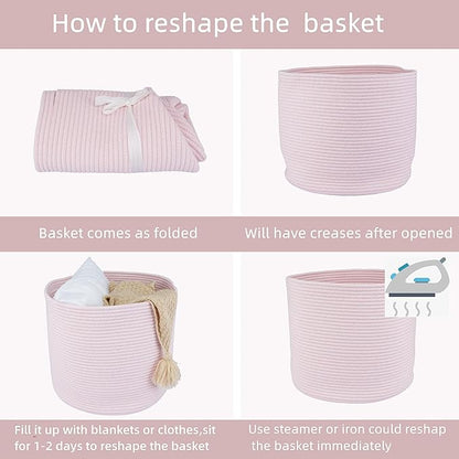 XUANGUO Cotton Rope Basket For Girls Kids 16”X14” Baby Laundry Baskets Nursery Bin Round Woven Basket Organizer For Storage Toys Blankets Shoes Clothes pink