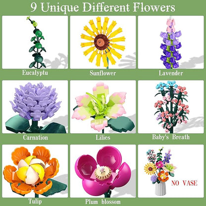 Flowers Bouquet Building Set, DIY Home Offic Botanical Bouquet Decoration Kit, Creative Gift for Women, Girls, Kids, Adults - Great for Birthdays, Christmas and More (861Pcs)