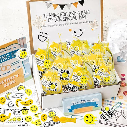 72PCS One Happy Dude Birthday Party Favor for Kids Smile Face Theme Gifts Set Include Bracelet Tatto Thank You Card with Keychain and Organza Smile Party Classroom School Supplies