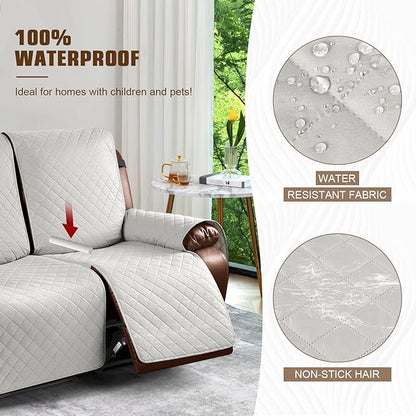 KinCam Waterproof Oversized Loveseat Recliner Cover, Non-Slip Reclining Couch Covers for 2 Seat, Recliner Sofa Cover Furniture Protector with Elastic Straps for Kids, Pets, Beige