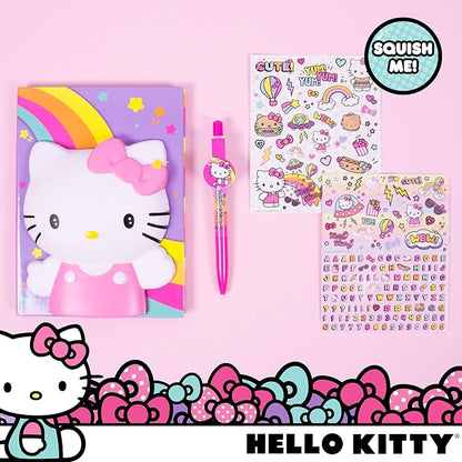 Hello Kitty Slow Rise Squishy Diary Kit for Kids DIY Kawaii Fidget Journal Soft Squeeze Sensory Cover Stickers and Pen Included Creative Writing Craft Toy Gift for Girls Ages 4 +