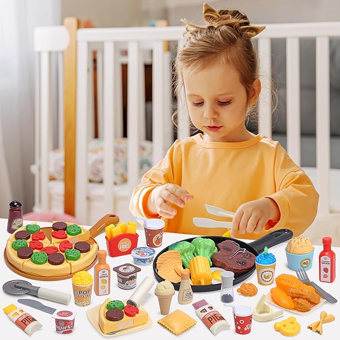 Play Food Toys, Kids Kitchen Accessories, 44 Piece Toy Food Set with Realistic Fake Food, Desserts, and Play Cooking Set, Preschool Learning Kitchen Toys for Toddlers