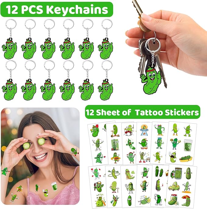 Funny Pickle Party Favors, Funny Pickle Temporary Tattoos Slap Bracelets Badges Keychains Gift Bags for Pickle Birthday Party Decorations Supplies for Kids Adults Boys Girls Classroom Rewards