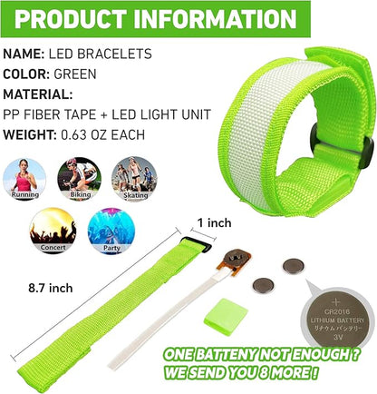 8 PCS LED Glow Bracelets, Light Up Wristbands - Halloween Glow in The Dark Party Bracelets Favors Supplies for Christmas, Concerts, Festivals, Game Prizes, Sports, Rave Accessories（Green）