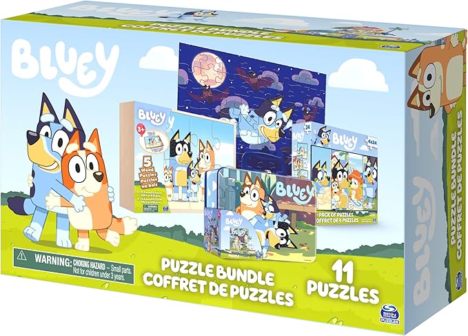 Bluey 11 Puzzle Bundle Set, 8- and 24-Piece Wood, Fuzzy, & Die-Cut Jigsaw Puzzles for Preschoolers and Kids