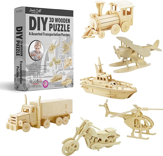 Hands Craft DIY 3D Wooden Puzzle – 6 Assorted Transportation Bundle Pack Set Brain Teaser Puzzles Educational STEM Toy Adults and Kids to Build Safe and Non-Toxic Easy Punch Out Premium Wood JP2B3