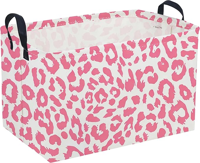 Sanjiaofeng Rectangular Kids Baskets,Leopard Print Basket,Pink Storage Basket with Handles,Waterproof Collapsible Storage Bin for Kids,Kid Room Decor,Books Box,Gift Basket(Leopard Print)