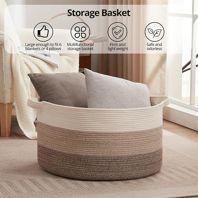 OIAHOMY 90L Blanket Basket for Living Room, Large Basket 23" x 23" x 13" with Handle, Laundry Hamper for Blankets, Pillows, Toy Storage for Kids, Dogs - Gradient Brown