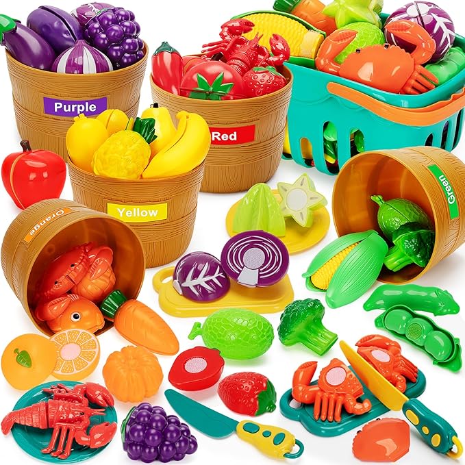 Play Food Set for Kids Kitchen- 68 Pcs Kitchen Food Toy for Toddlers, Cutting & Color Sorting Fake Food/ Fruit/ Vegetable Accessories, Birthday Gifts for 2 3 4 5 Years Old Boys Girls